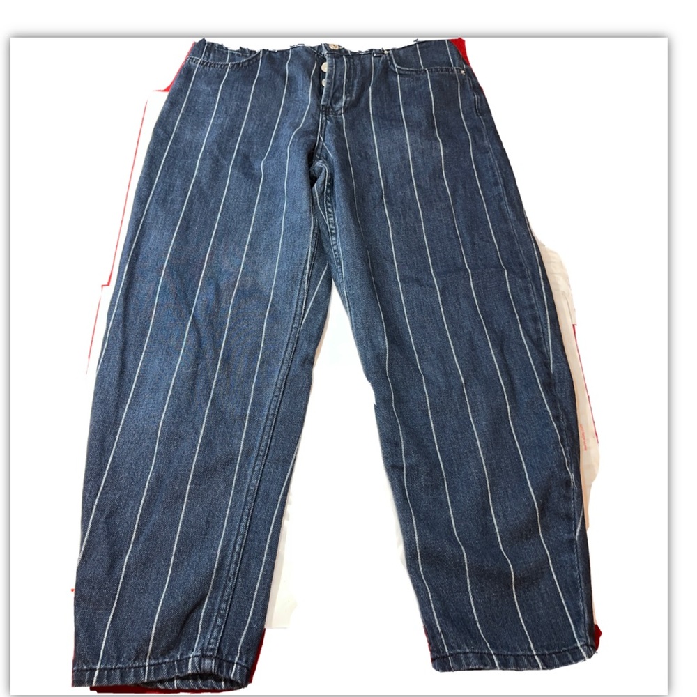 Topshop MOTO striped JEANS Blue Pinstriped Button-Fly W26/28 Tapered Leg Sz 26 P